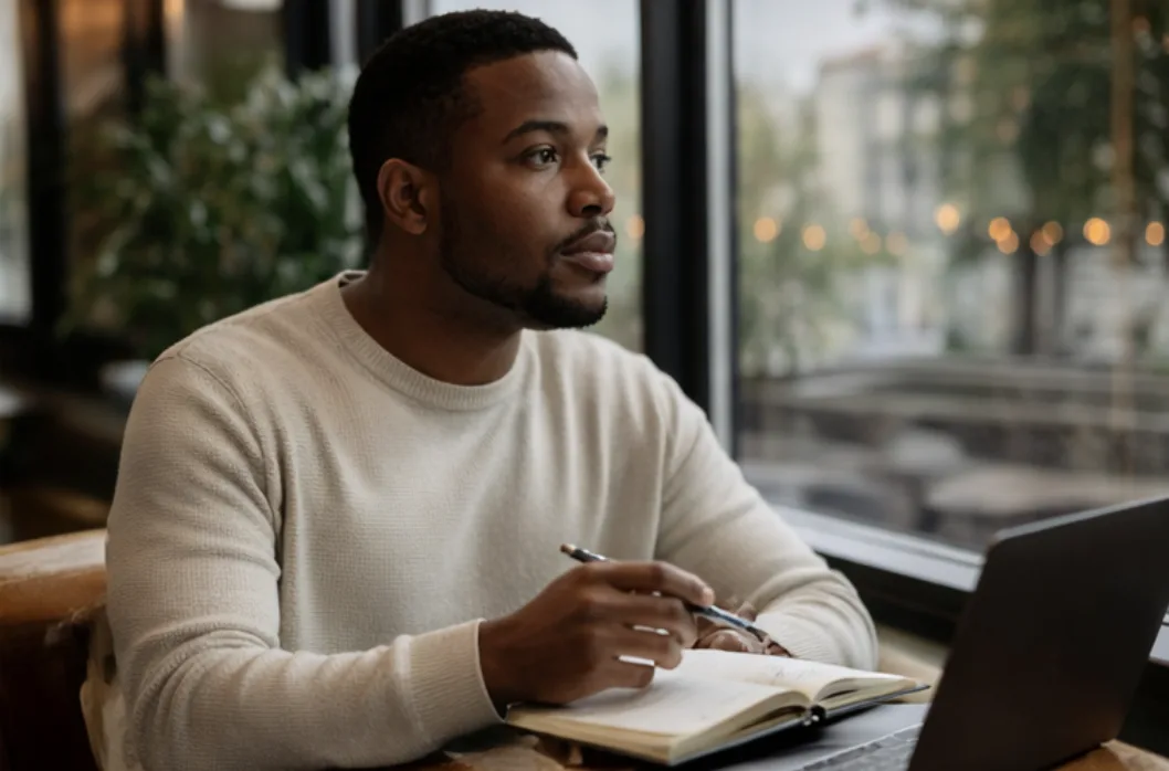 Mid-career professional reviewing notes, representing leaders, managers, and high performers who benefit from professional development coaching at Taking First